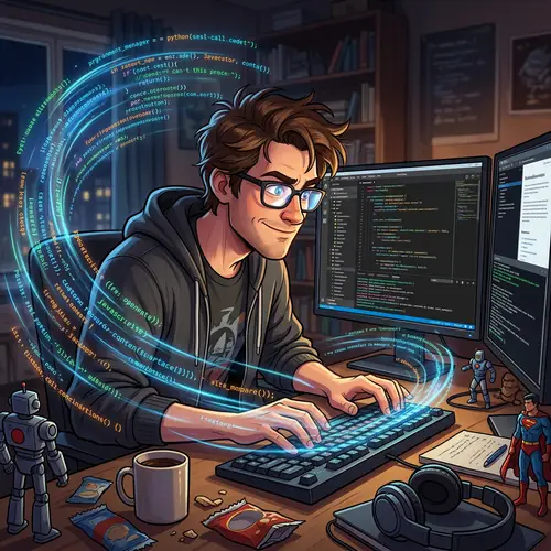 Passionate Caucasian Male Developer Surrounded by Code Shield