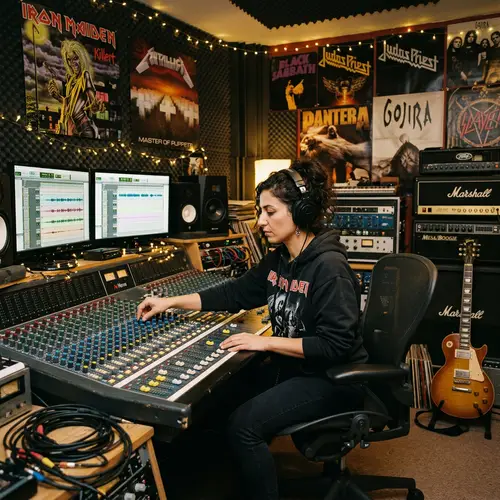 Middle-Eastern Woman Sound Engineer Tuning Tones in Music Studio