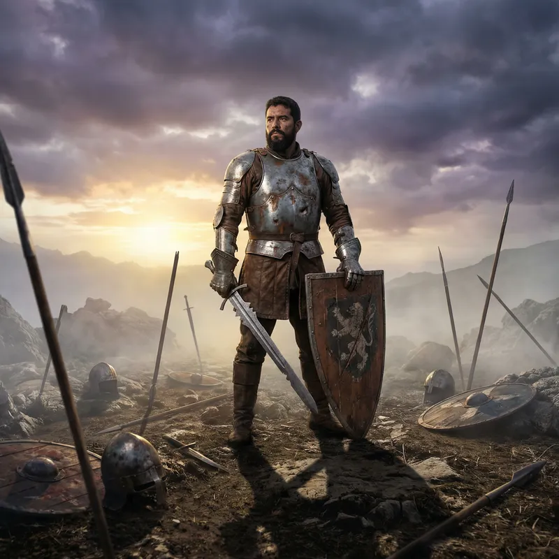 Resilient Armored Hispanic Warrior | Ancient Battleground Art