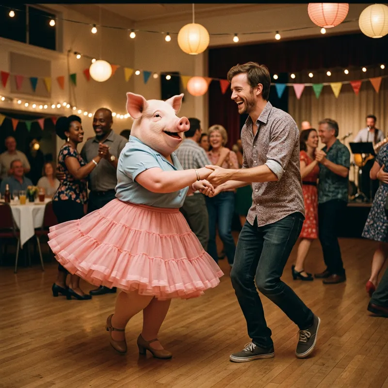 Obese Pig Dances with Slim Man in a Cheerful Dance Scene