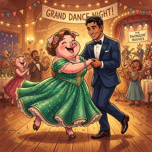 Whimsical Anthropomorphic Pig Dancing with Hispanic Man
