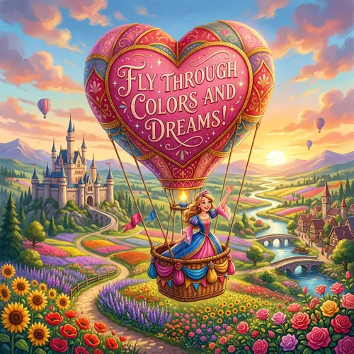Princess in Heart-Shaped Balloon Over Blooming Kingdom
