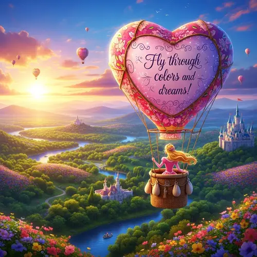 Princess in Heart-Shaped Balloon Over Blooming Kingdom