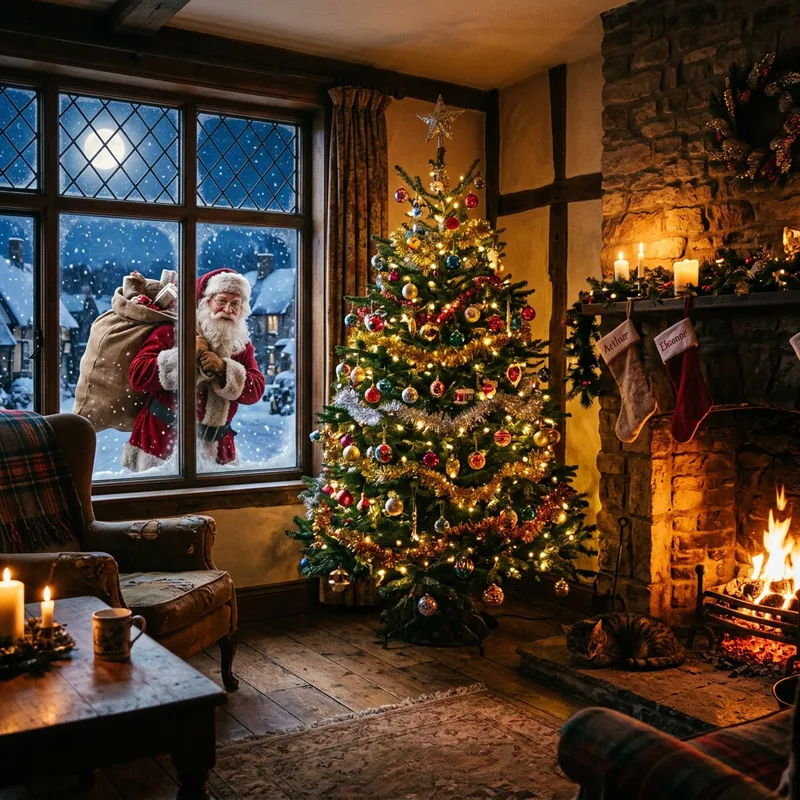 Festive Christmas Village Scene with Santa and Fireplace Glow