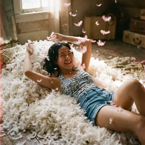 Ethereal Summer Joy: Asian Girl Surrounded by White Feathers