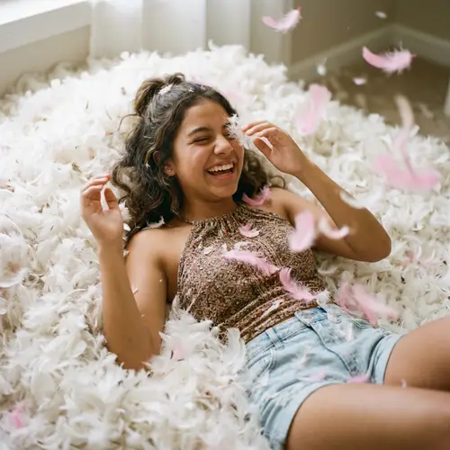 Teenage Girl in Vintage Aesthetic Feathers - Joyful Summer Vibes