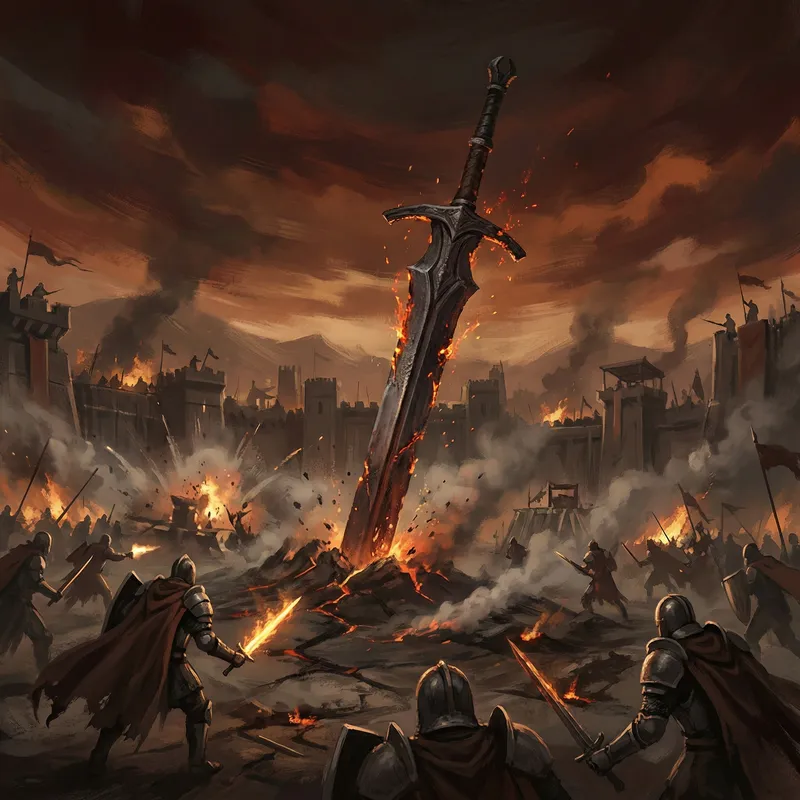 Expansive War Base with Enormous Sword - Gritty Battle Scene