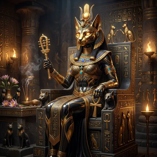 Majestic Bastet Cat in Gold & Black Colors