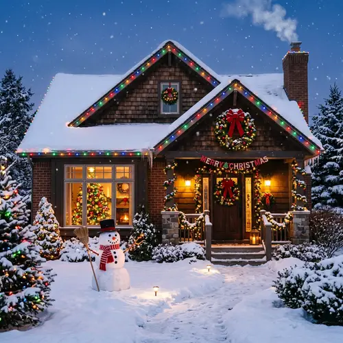 Festive Christmas House Decor with Snowman & Pine Tree