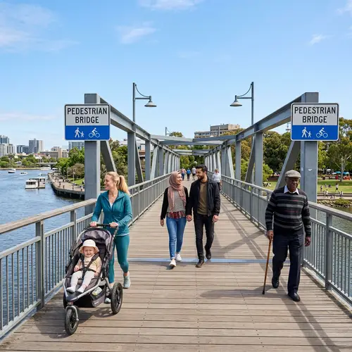Diverse Scenes on a Pedestrian Bridge: Mother, Couple, Gentleman