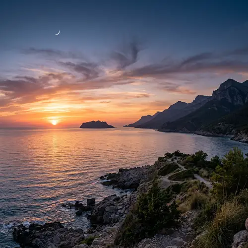 Captivating Sunset Over Sea and Mountains with Moonlit Island