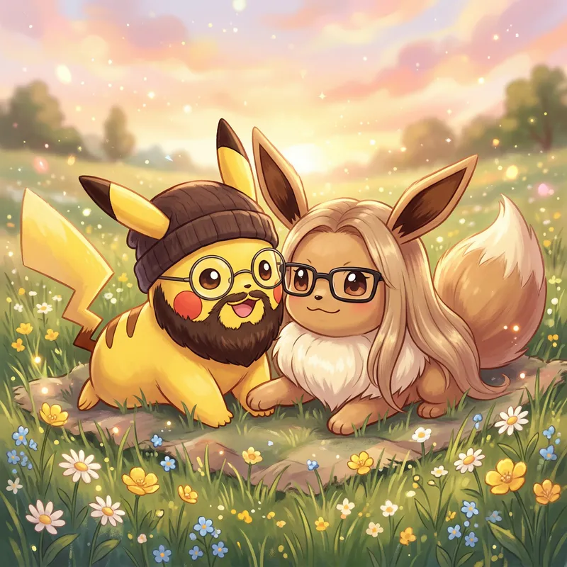 Cute Eevee and Pikachu Couple Illustration