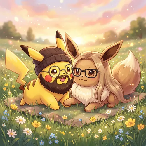 Cute Eevee and Pikachu Couple Illustration