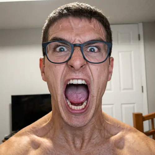 Fit Screaming Man in Realistic Living Room Photo