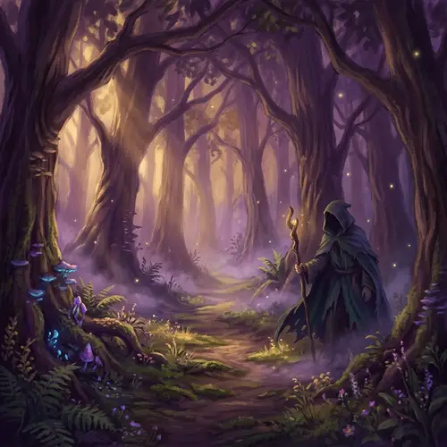 Enchanting Mystical Forest Painting in Purple & Gold