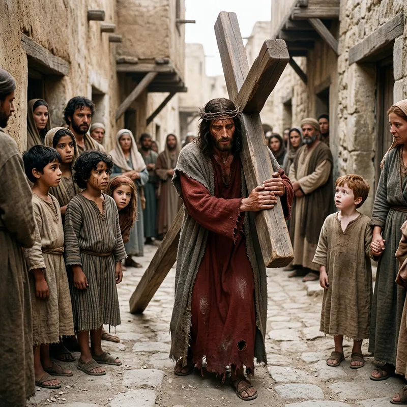 Jesus Christ Exhausted Carrying Cross in Presence of Diverse Street Children