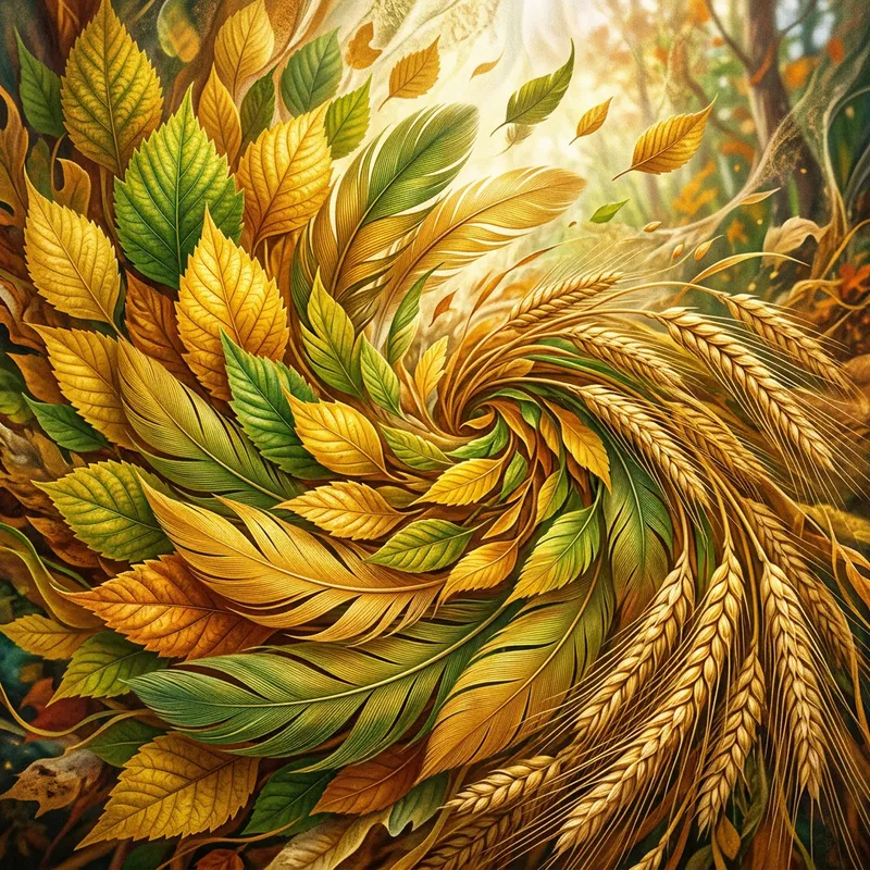 Green Gold Abstraction: Leaves, Feathers, Wheat