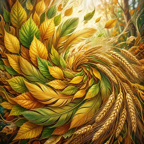 Nature's Interconnected Harmony: Leaves, Feathers, Wheat & Rye
