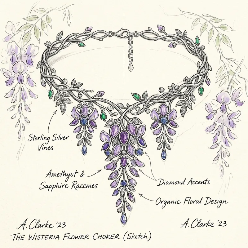 Wisteria Flower Choker Jewelry | Hand-Drawn Design Wisteria Flower Choker Jewelry | Hand-Drawn Design