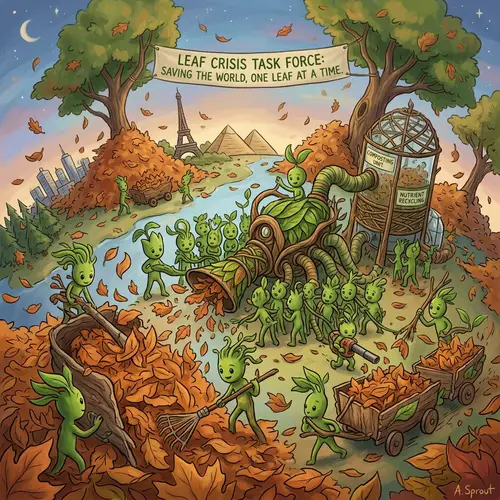 Green Plant-Like Creatures Saving the World from Falling Leaves