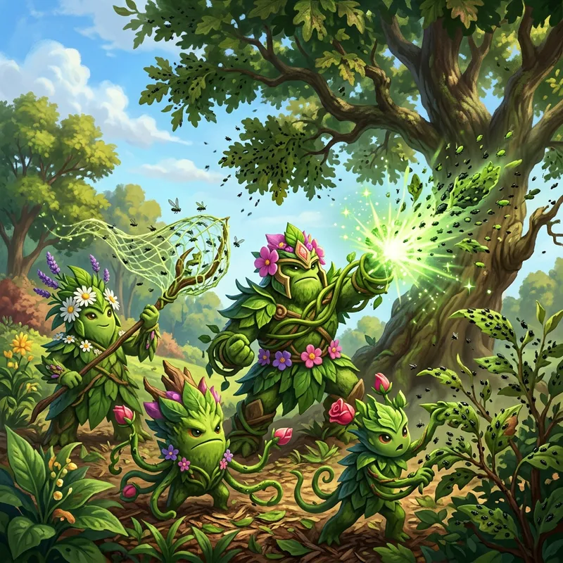 Green Plant Creatures Rescuing Earth from Aphid Infestation