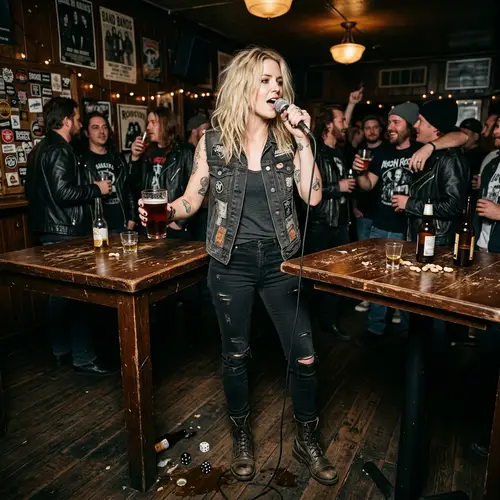Rocker Bar Vibes: Young Blonde with Beer & Microphone