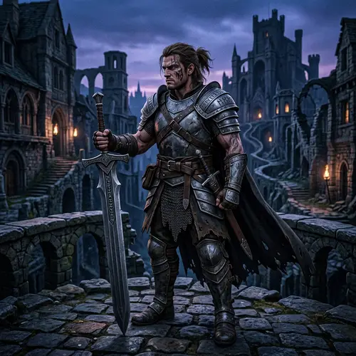 Medieval-Inspired Vagrant Story Character with Double-Edged Sword