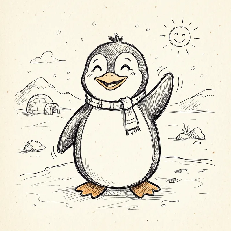 Cheerful Penguin Pen Drawing – Simple Art