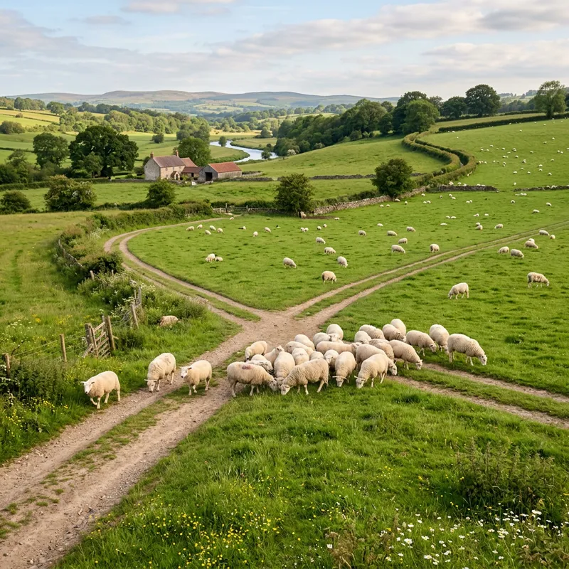 Tranquil Meadow Landscape: Grazing Sheep & Road Cross Tranquil Meadow Landscape: Grazing Sheep & Road Cross