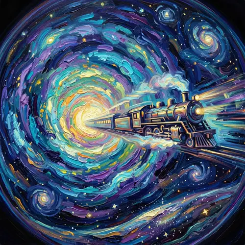 Dynamic Train in Cosmic Colors - Sci-Fi Artwork by 梵·高