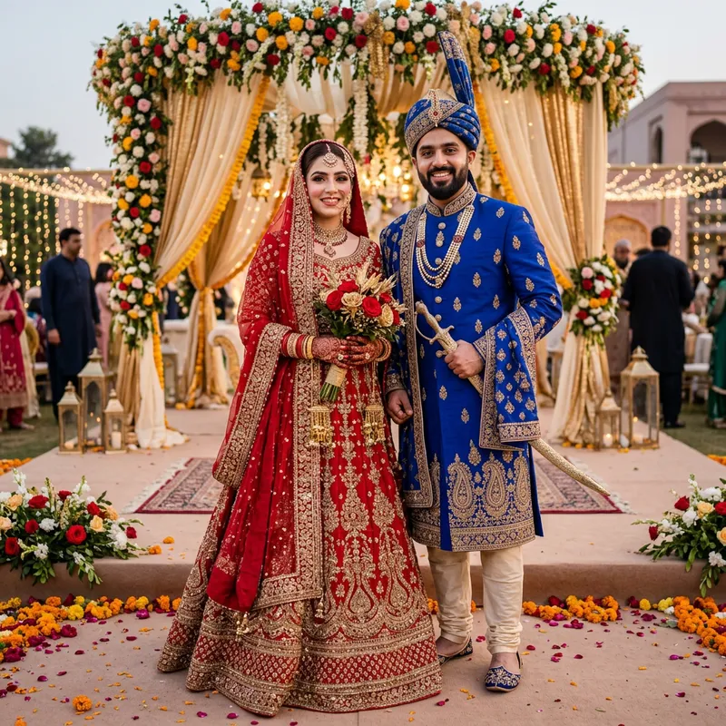 Exquisite South Asian Bride and Groom Wedding Attire