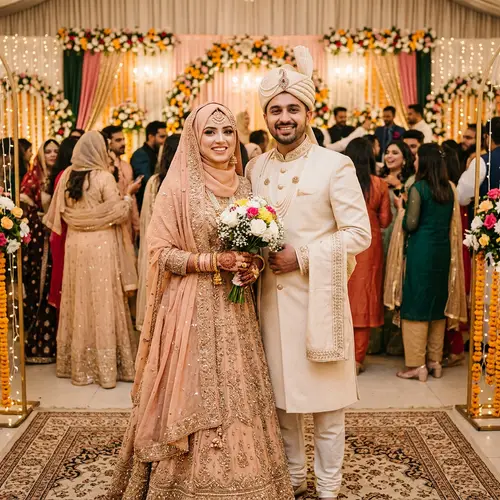 Traditional Pakistani Bride and Groom in Skin Color Attire