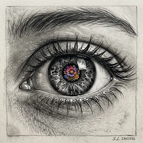 Hyper Realistic Charcoal Eye Drawing with Color Flower