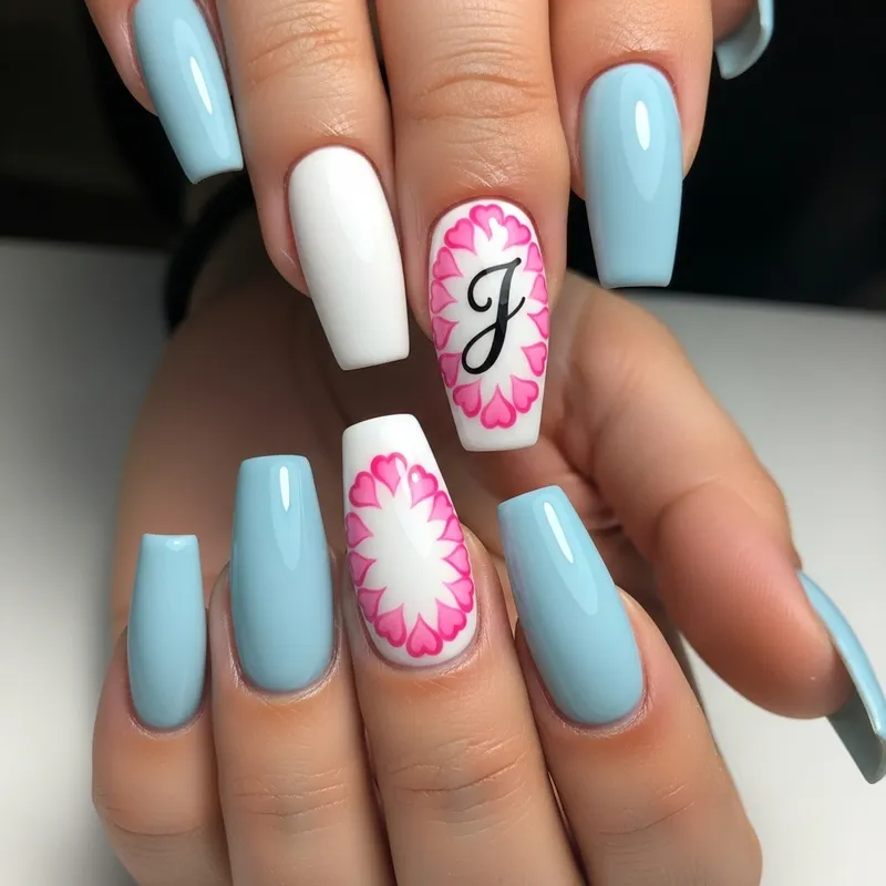 Stylish Acrylic Nails with Blue and White Design