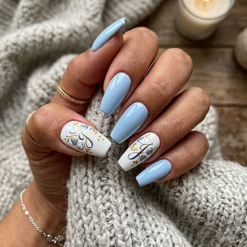 Stylish Acrylic Nails with Blue and White Design