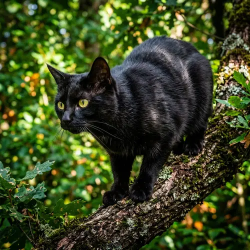 Majestic Black Cat Perched on Tree Branch | Fierce & Alert Pose