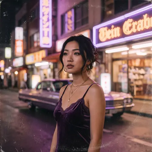 Asian Girl in Iconic Night Wear: Neon-infused Beauty