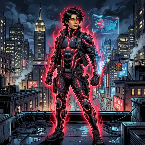 Mysterious Spy Character with Glowing Red Eyes in New York City