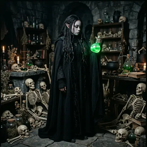 Gloomy Alchemist Elf with Poison Potion - Dark Fantasy Art