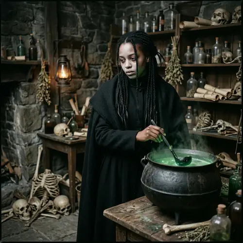 Gloomy Female Alchemist Brewing Green Poison Potion