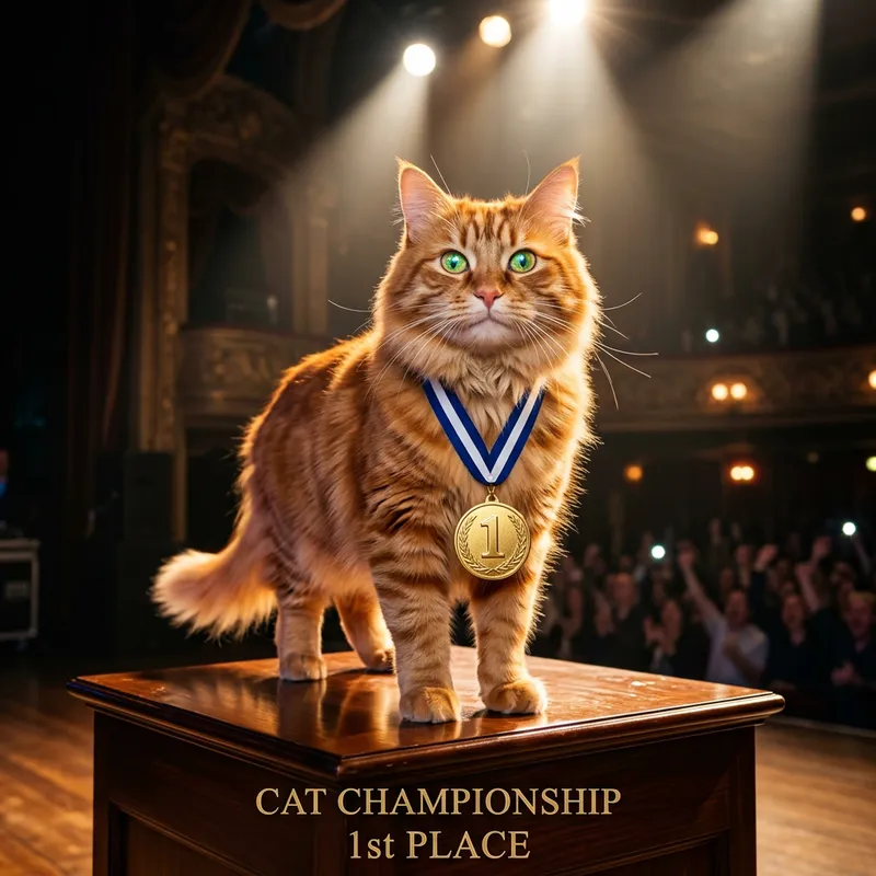 Champion Tabby Cat on Sparkling Podium
