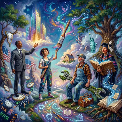 Diverse Group Exploring American Dream | Surrealist Oil Painting