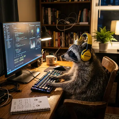 Raccoon Working on Computer with Headphones