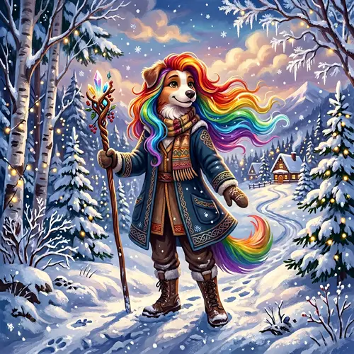 Whimsical Dog with Rainbow Hair in Winter Wonderland