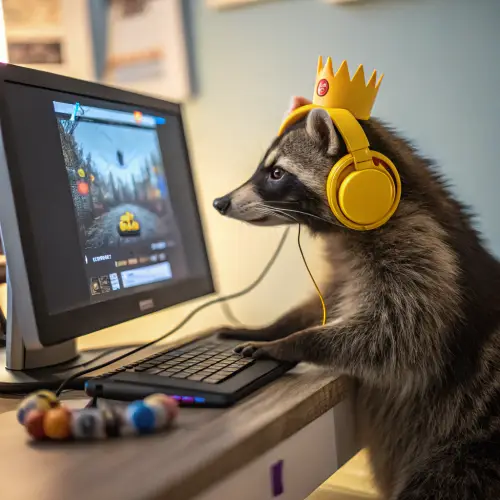 Raccoon Working on Computer with Headphones