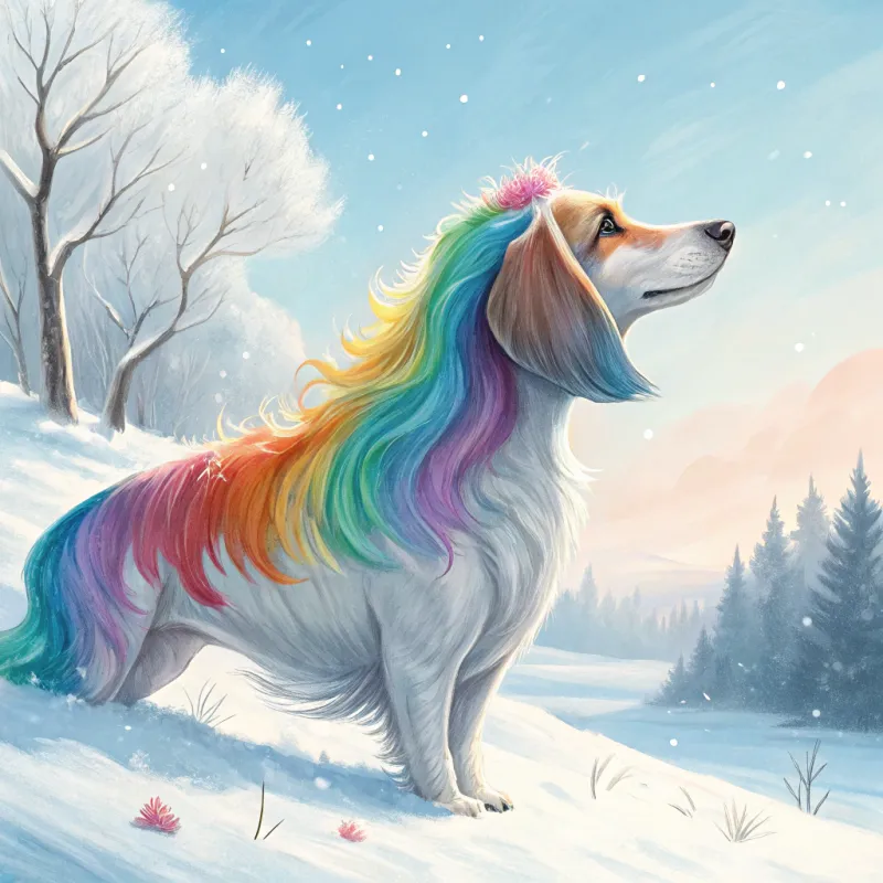 Whimsical Dog with Rainbow Hair in Winter Wonderland