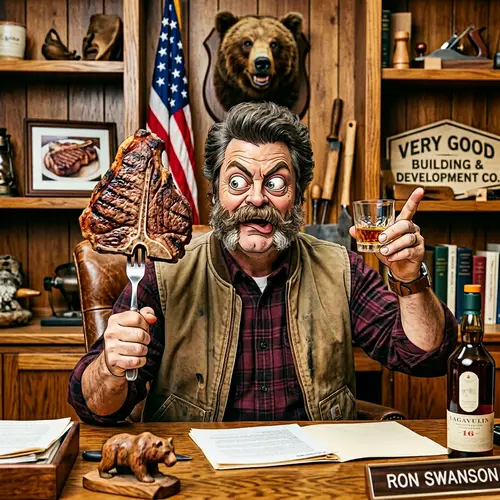 Funny Ron Swanson Portrait with Goofy Expression