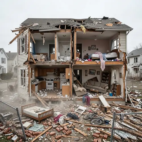 Tragic Demolished House Scene: Ruined Structure & Shattered Furniture