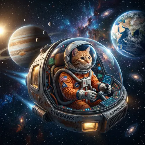 Red Astronaut Cat Traveling Between Planets