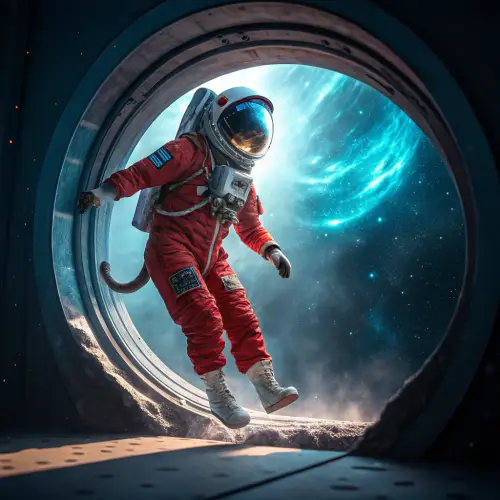 Red Astronaut Cat Traveling Between Planets